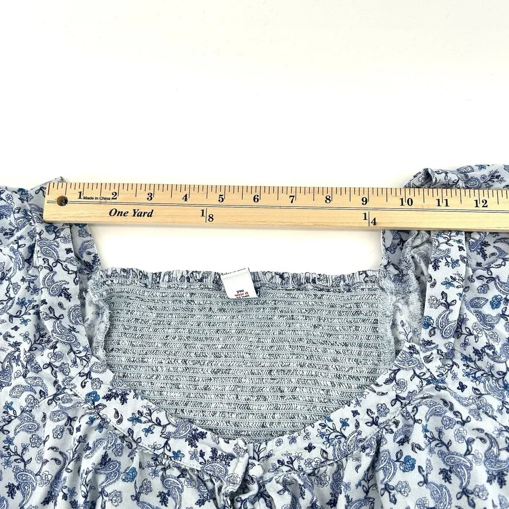 Cottagecore Blue Floral Peasant Top L Petite‎ Puff Sleeve Milkmaid Boho Romantic